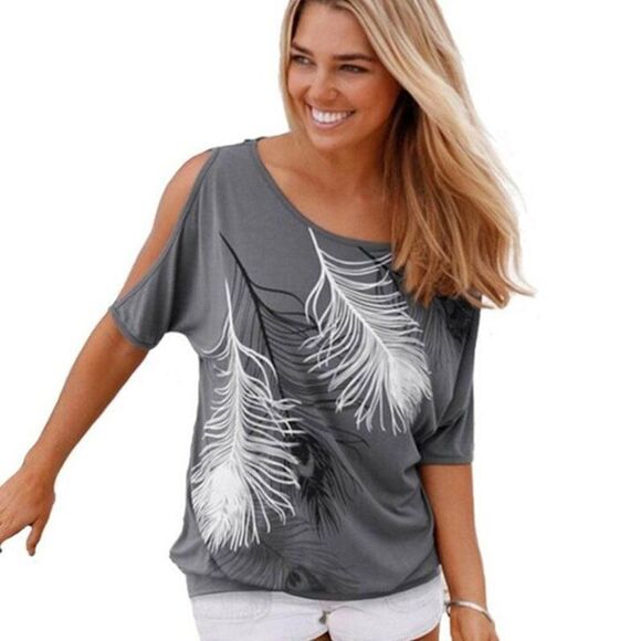 Feather print cool shoulder short sleeve tee - Picture 2 of 6